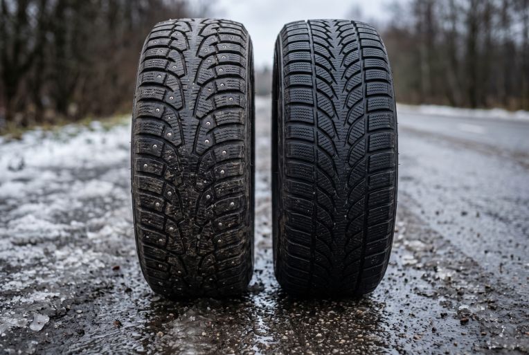 A studded and a non-studded winter tyre side by side on a wet road