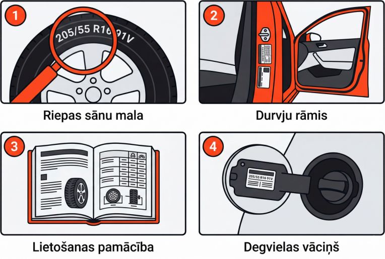 Riepu izmēra atrašanās vietu ilustrācija
